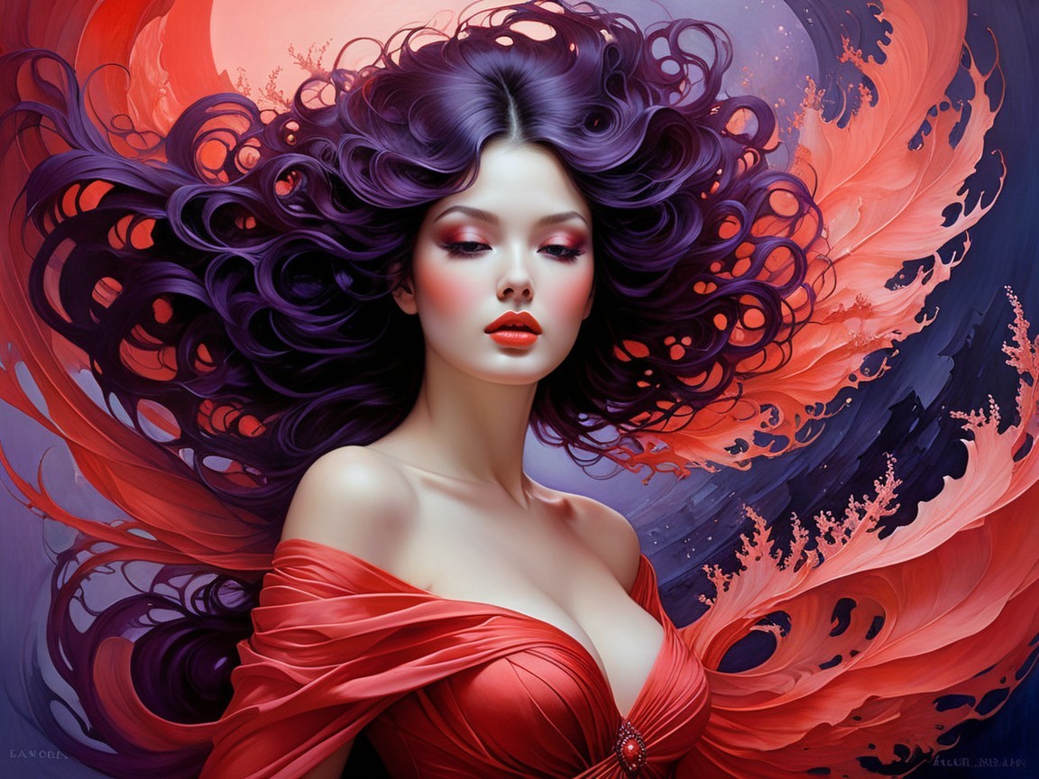 Woman with Purple Hair in Red Dress Against Swirling Background