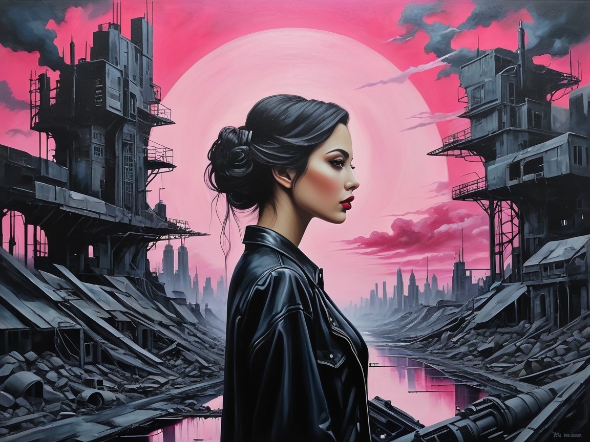 Profile of a Woman Against a Dystopian Landscape