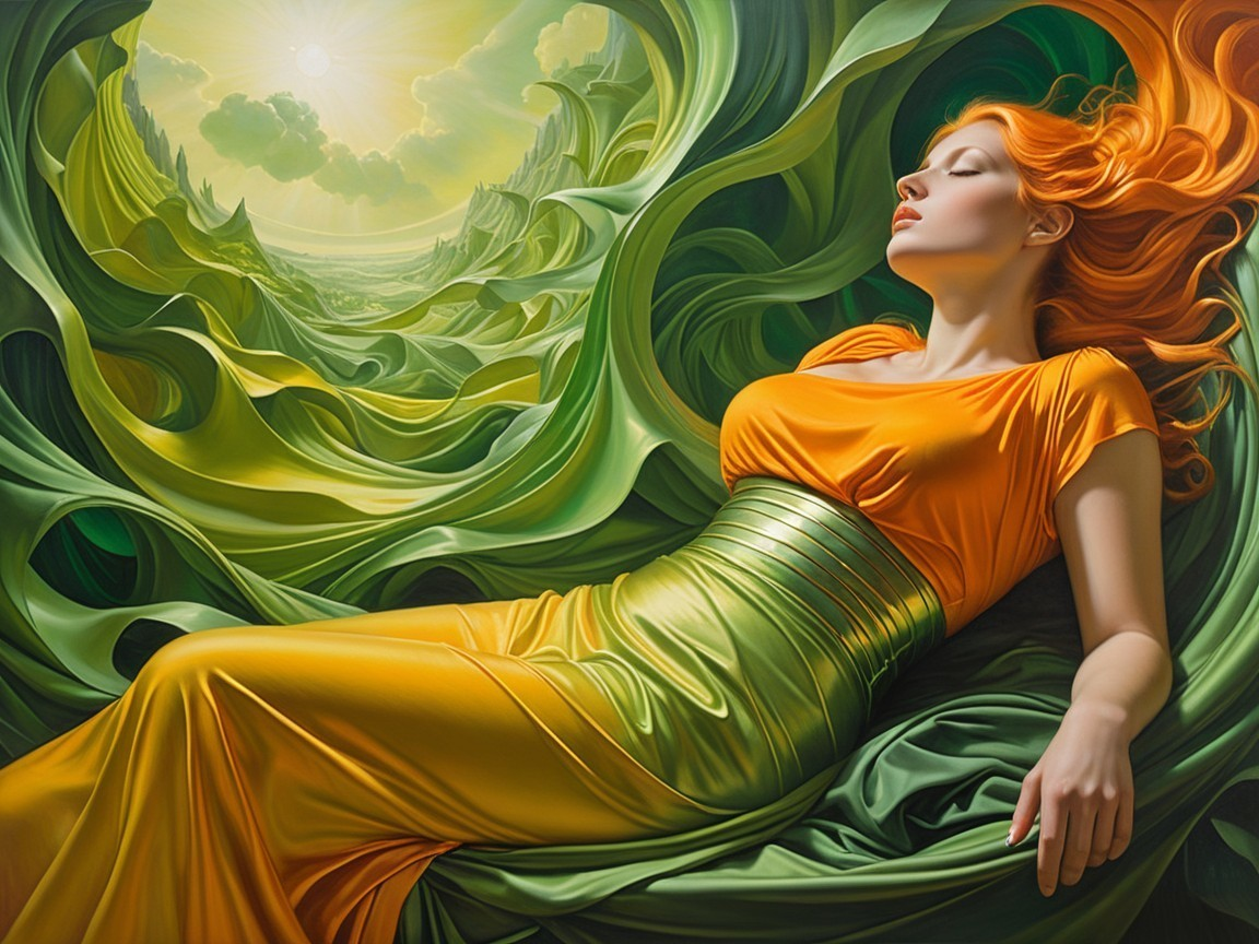 Serene Woman in Yellow Dress in Abstract Landscape