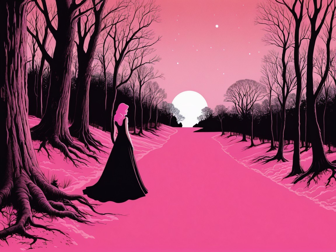 Surreal Scene with Figure by Vibrant Pink River