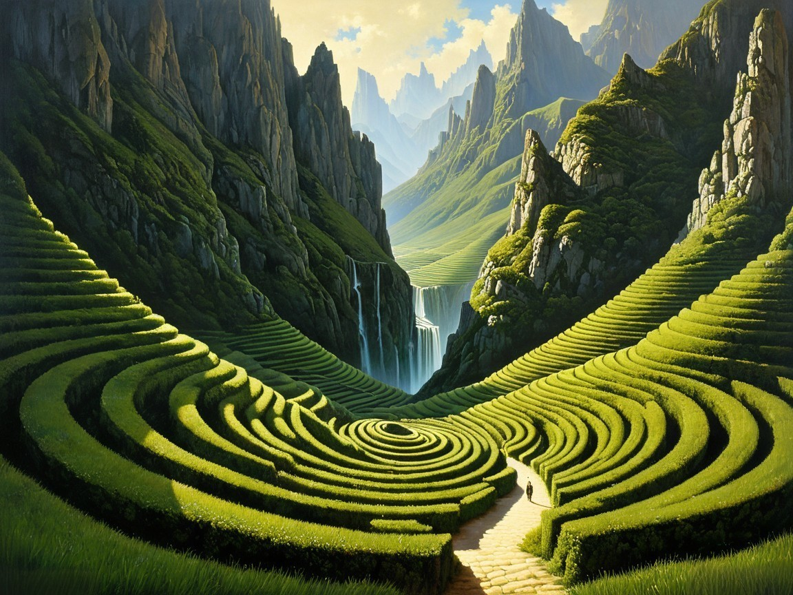 Lush Terraced Hills with Misty Mountains and Waterfall
