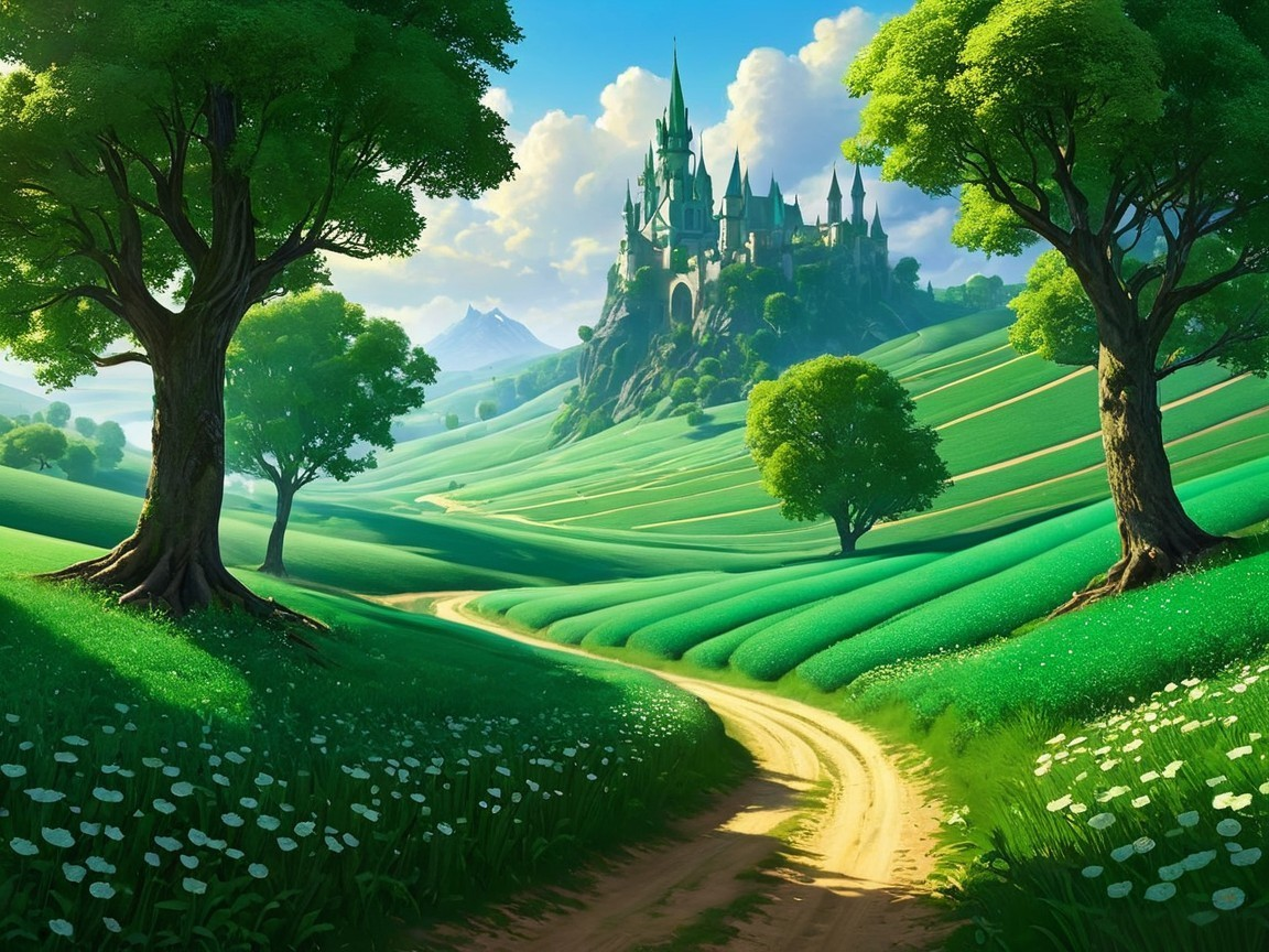 Winding Path Through Green Hills and Castle View