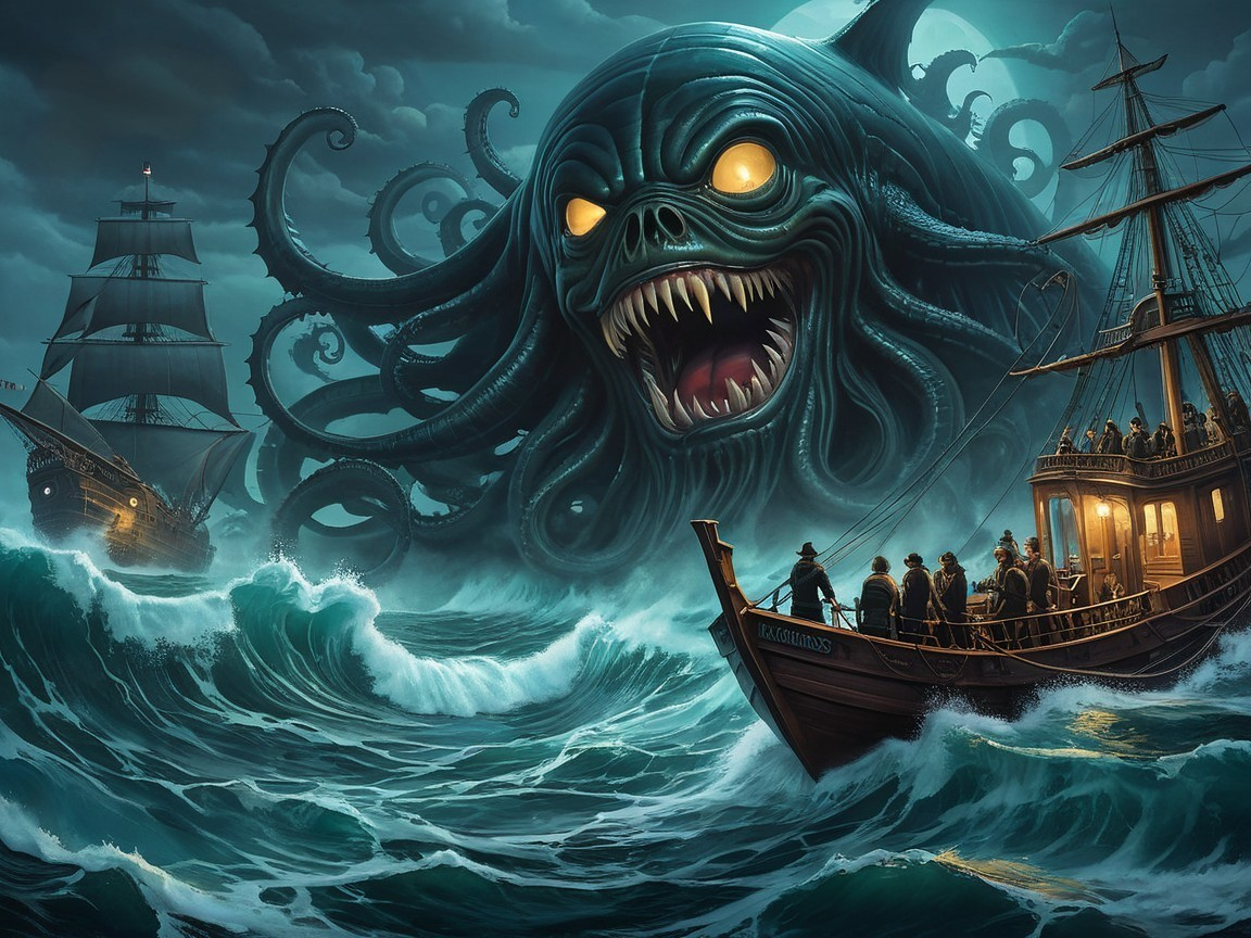 Dramatic Seascape with Menacing Octopus and Ships