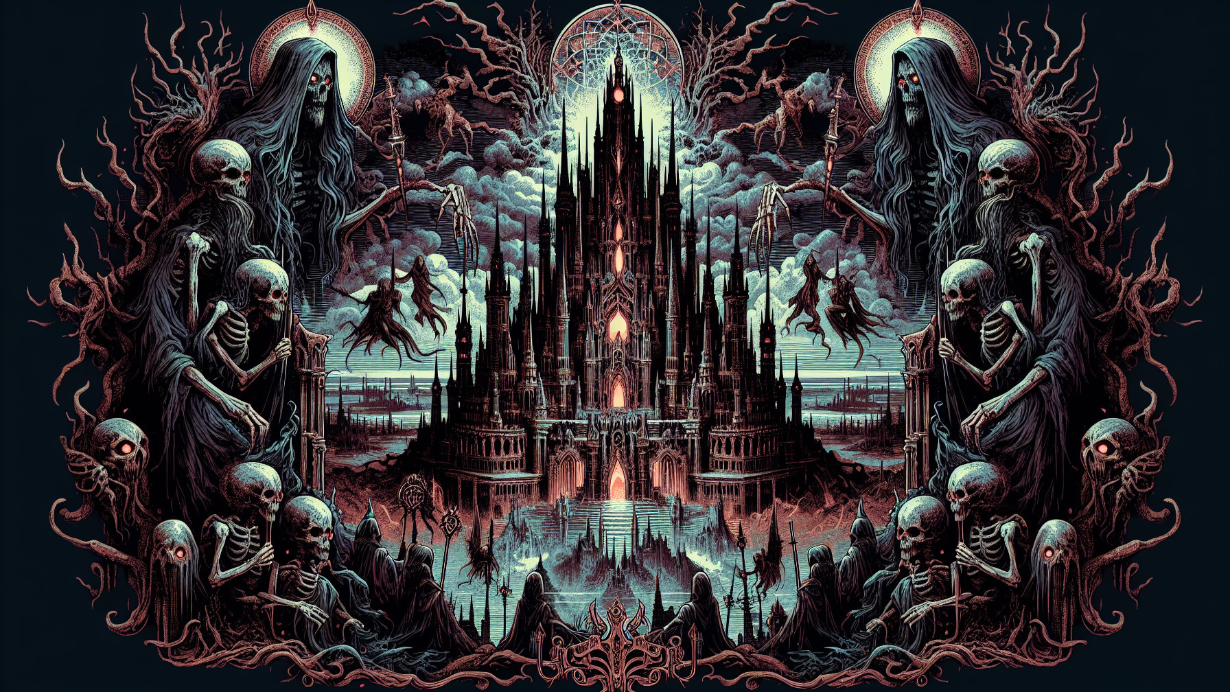 Gothic Castle Surrounded by Spirits and Skeletal Figures