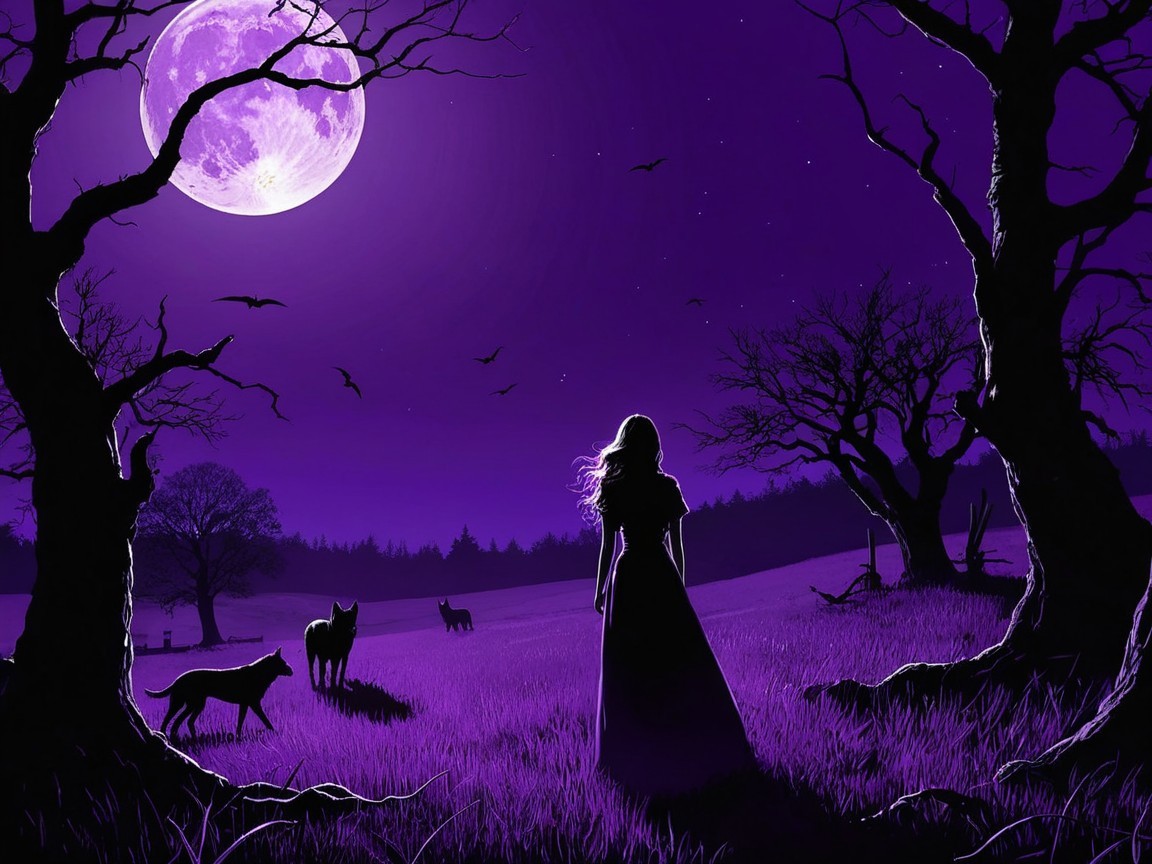 Silhouette of a woman by a luminous moon and wolves