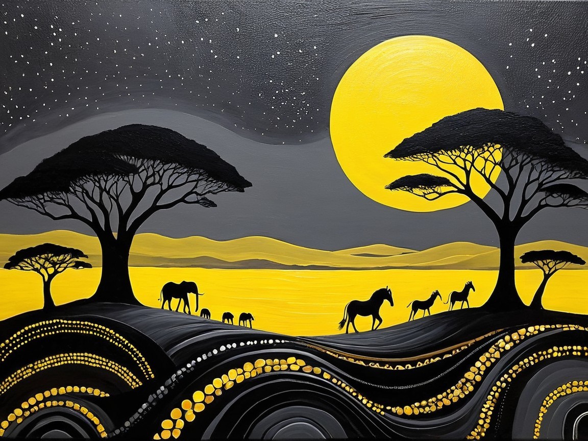 Landscape with Acacia Trees and Horses at Night
