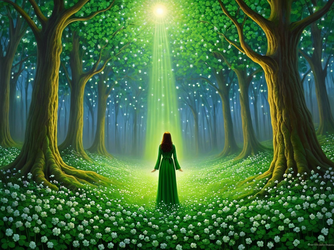 Mystical forest scene with golden light and greenery