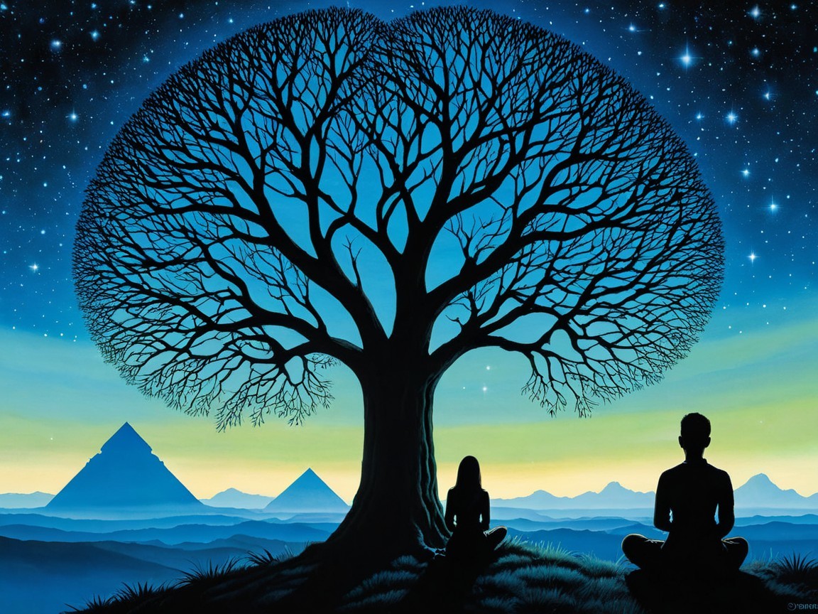 Starry Night with Silhouetted Tree and Pyramids