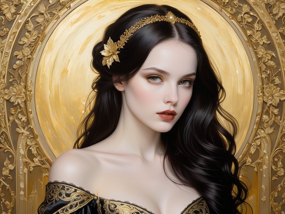 Young woman with black hair and golden headband