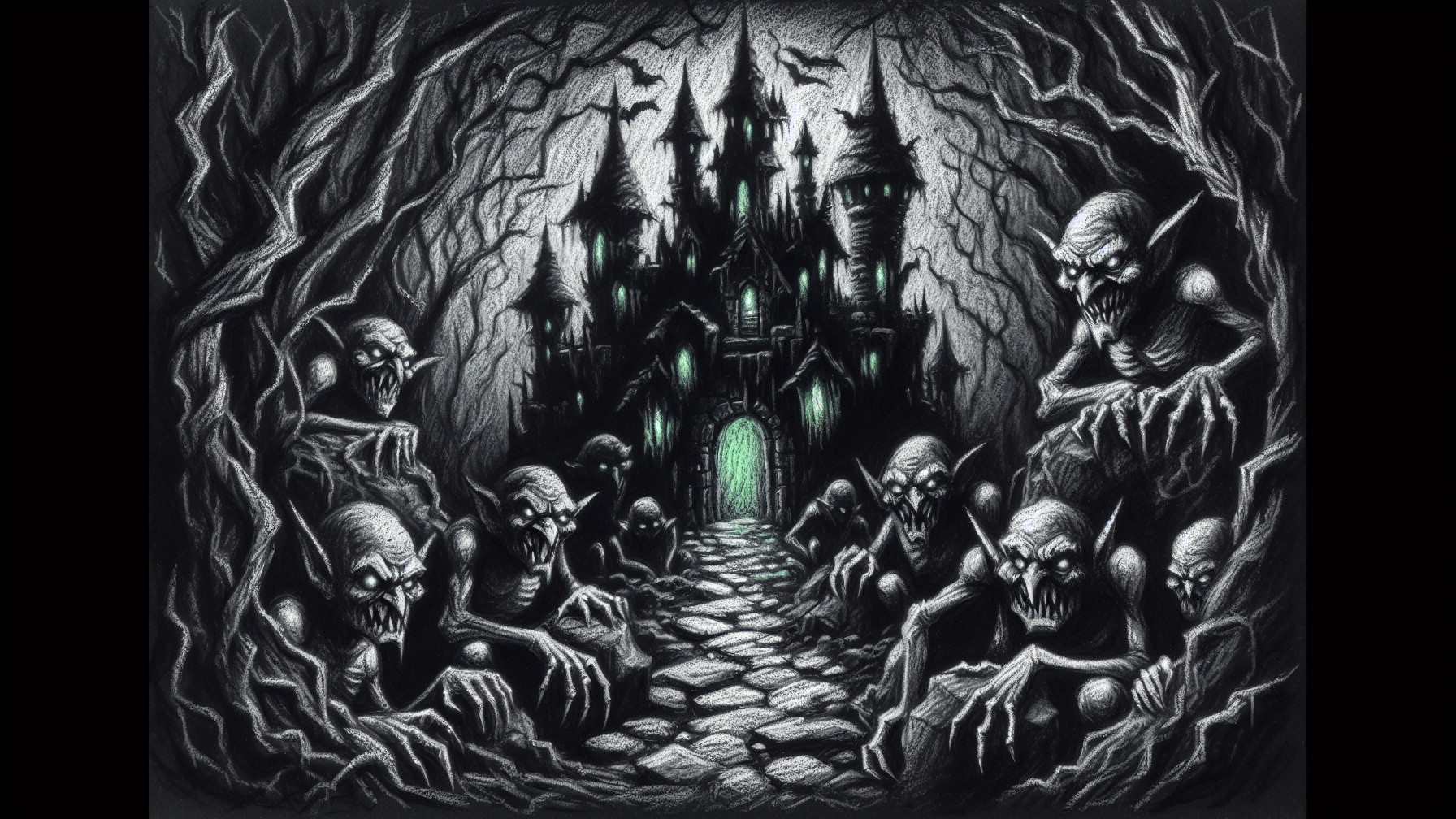Eerie Castle Surrounded by Twisted Trees and Goblins