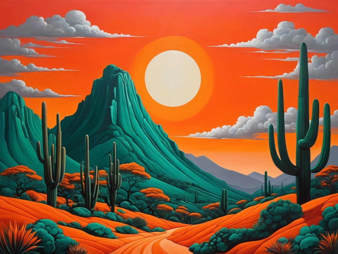 Vibrant Desert Landscape with Sunset and Cacti
