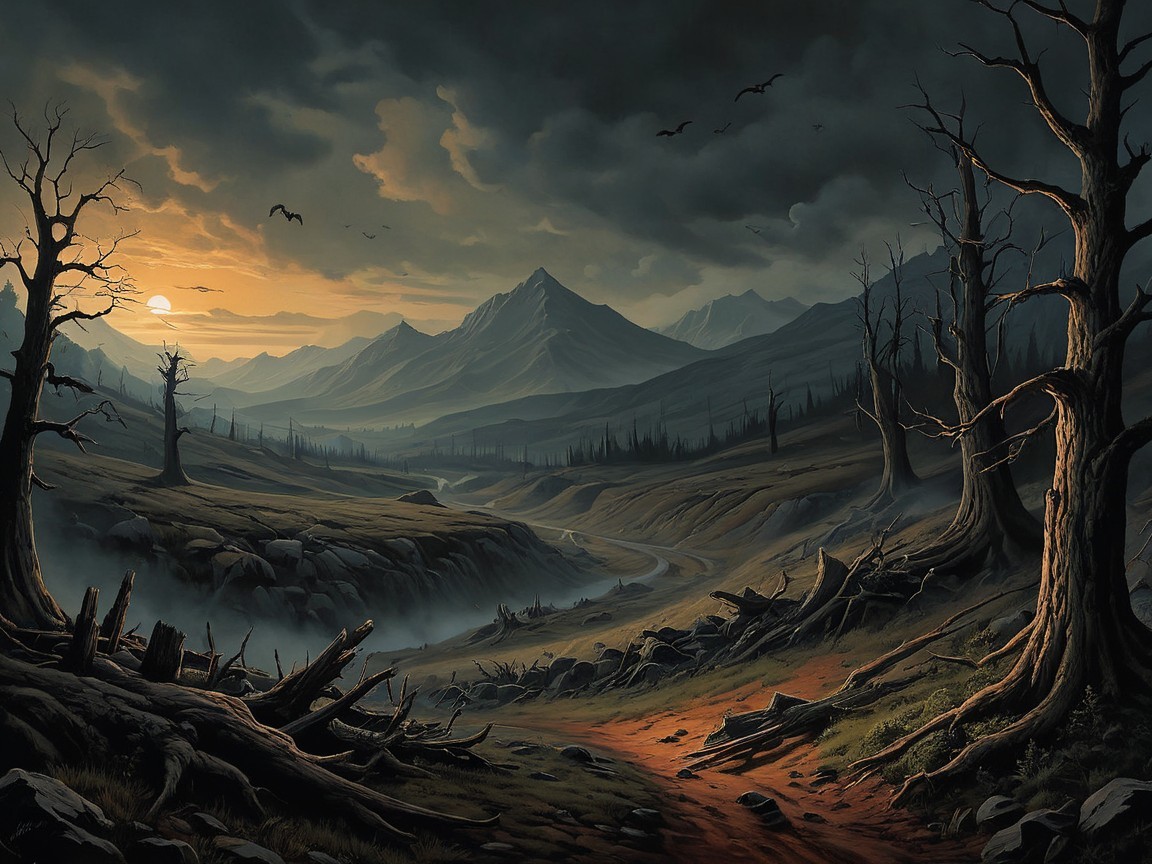 Desolate Landscape with Stormy Sky and Sunset Elements