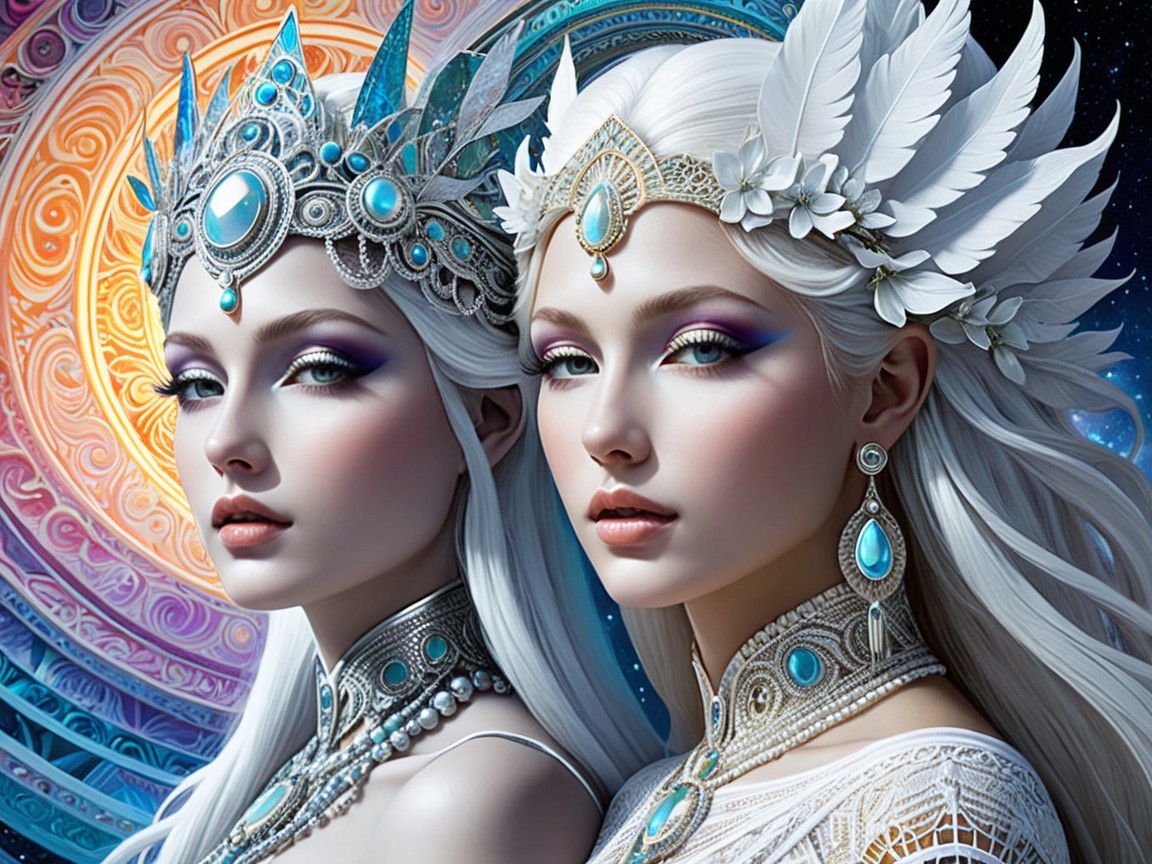 Ethereal Figures with Jewelry Against Cosmic Backdrop