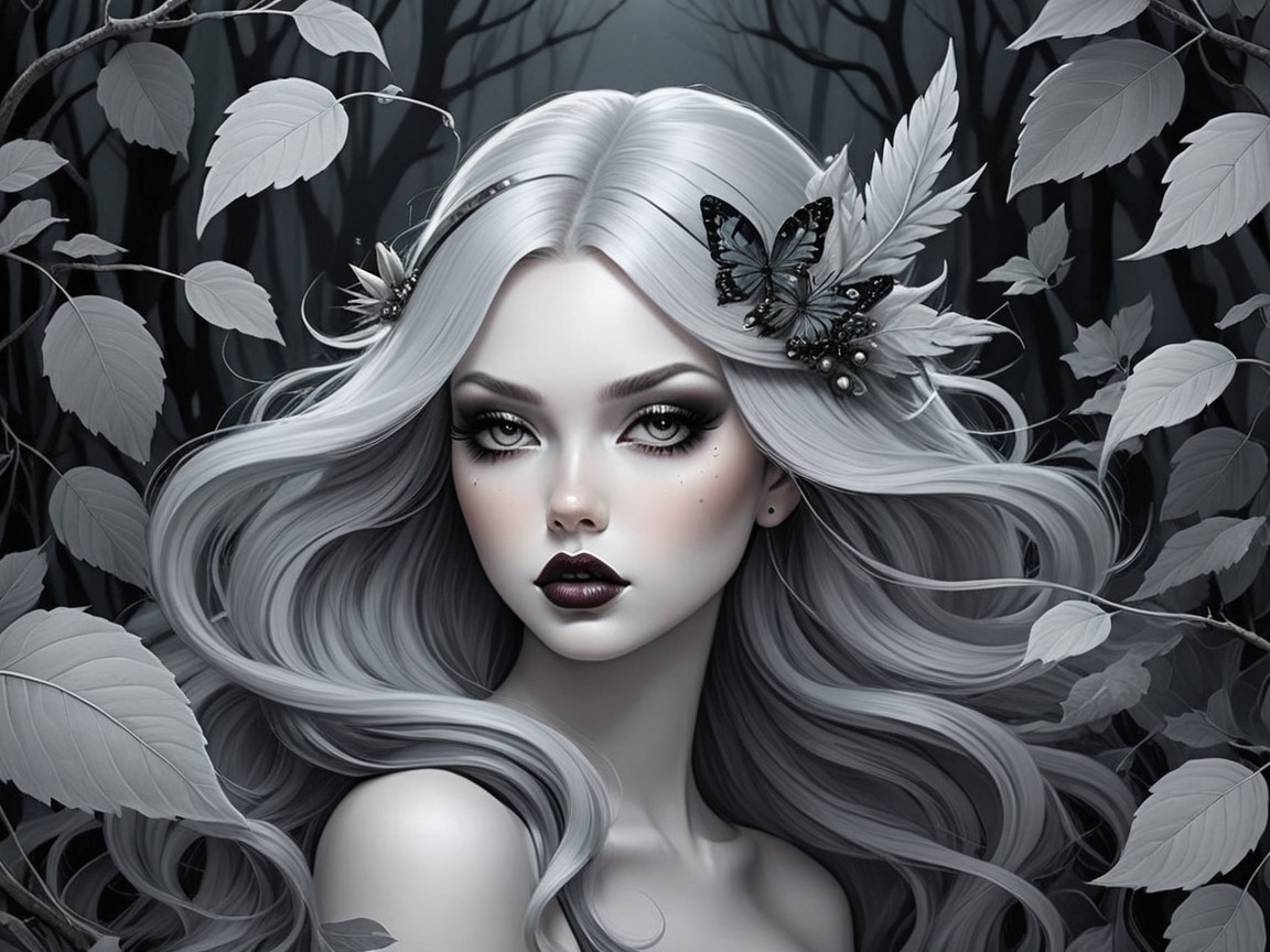 Portrait of a Young Woman with Silver Hair and Nature Elements