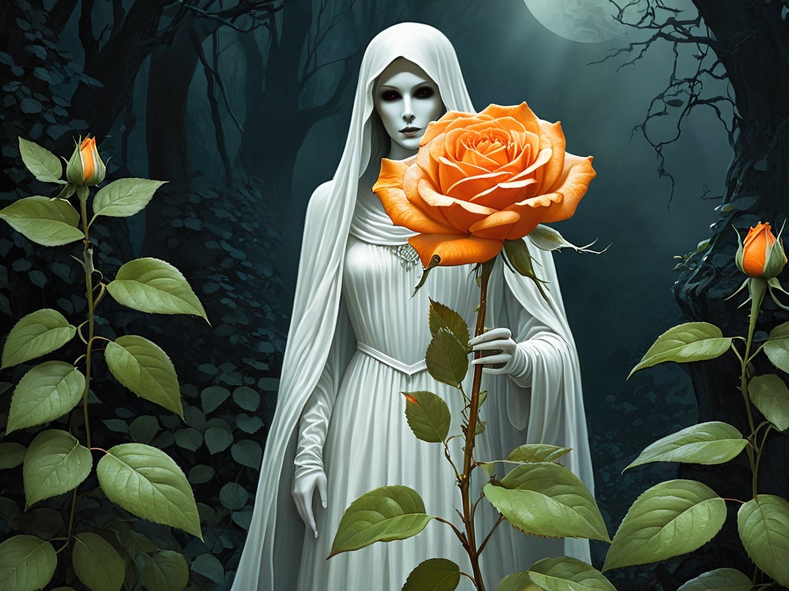 Mysterious Figure in White Gown in Shadowy Forest