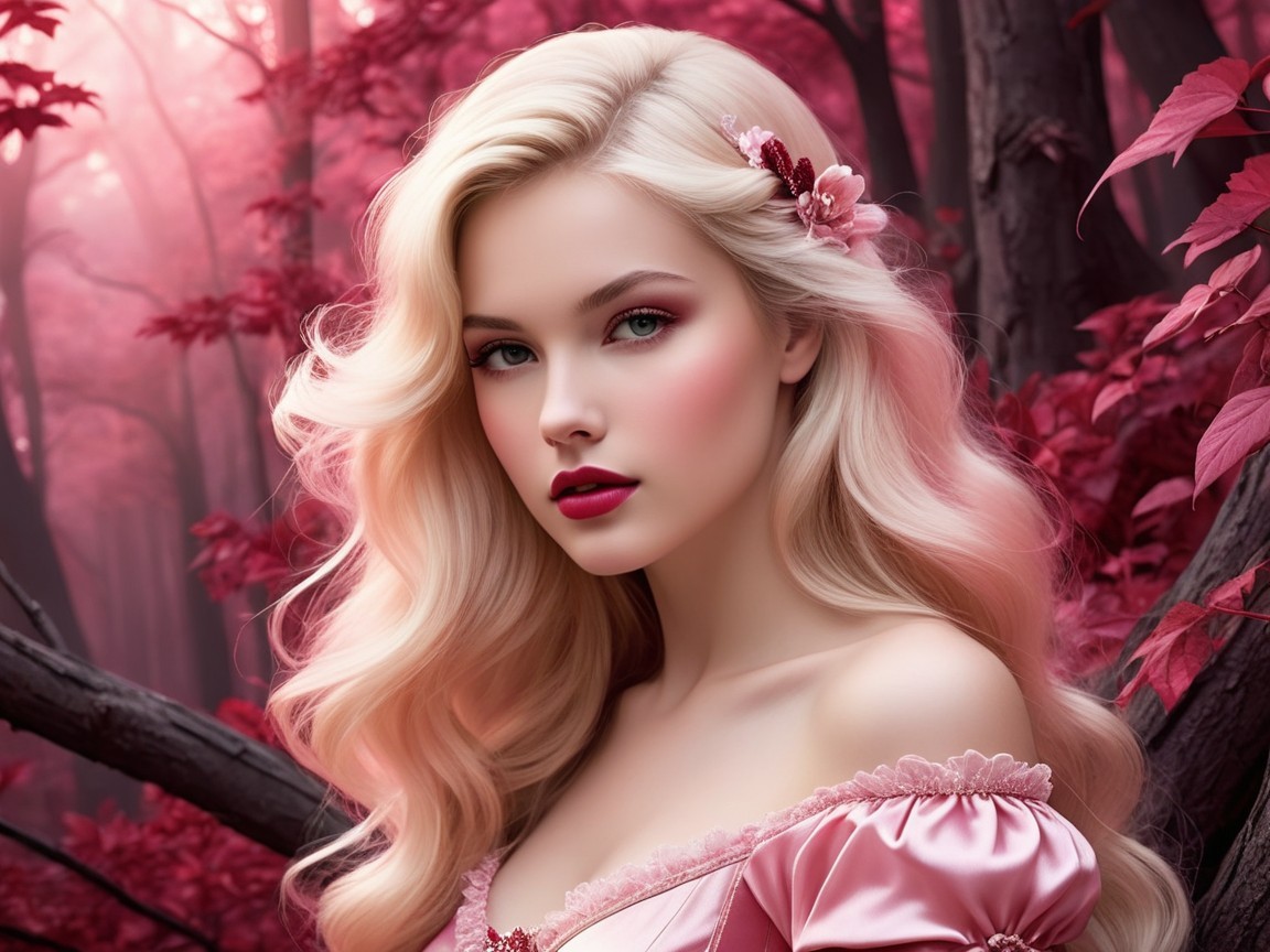 Young Woman in Dreamy Pink Forest Setting