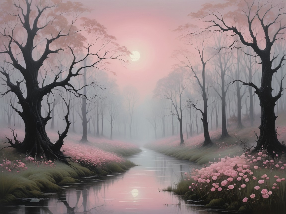 Dawn Landscape with River and Pink Flowers