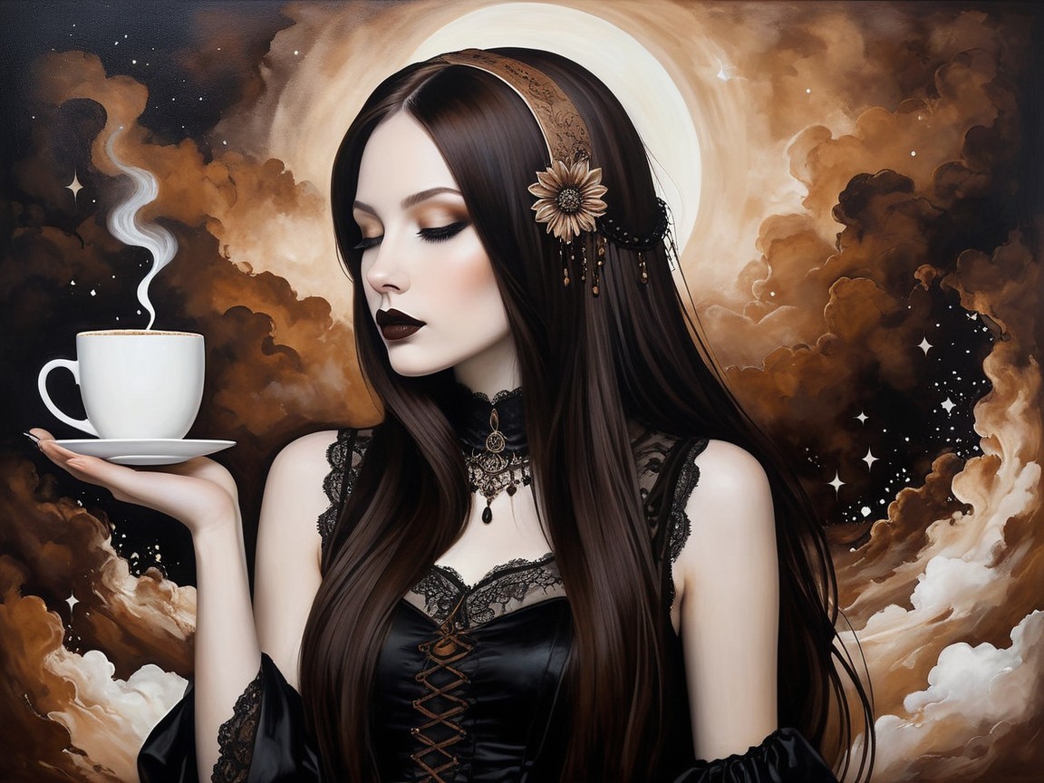 Elegant Woman in Black Dress with Coffee and Stars