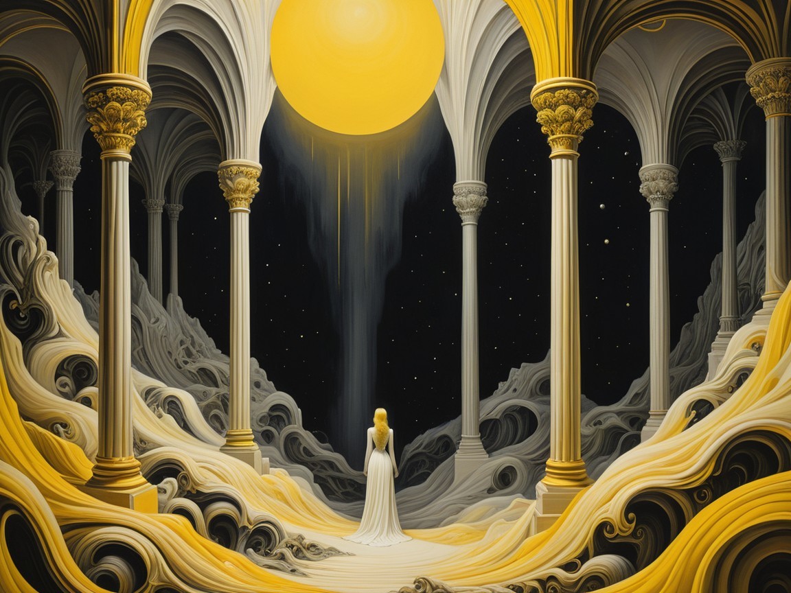 Figure in White Gown Among Grand Columns and Clouds
