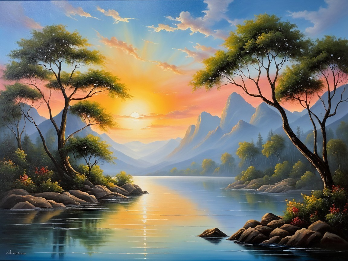 Serene Landscape with Sunset and Tranquil River