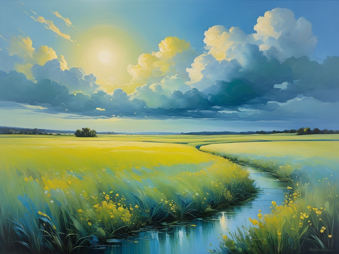 Vibrant Countryside Landscape with Golden Fields and Stream