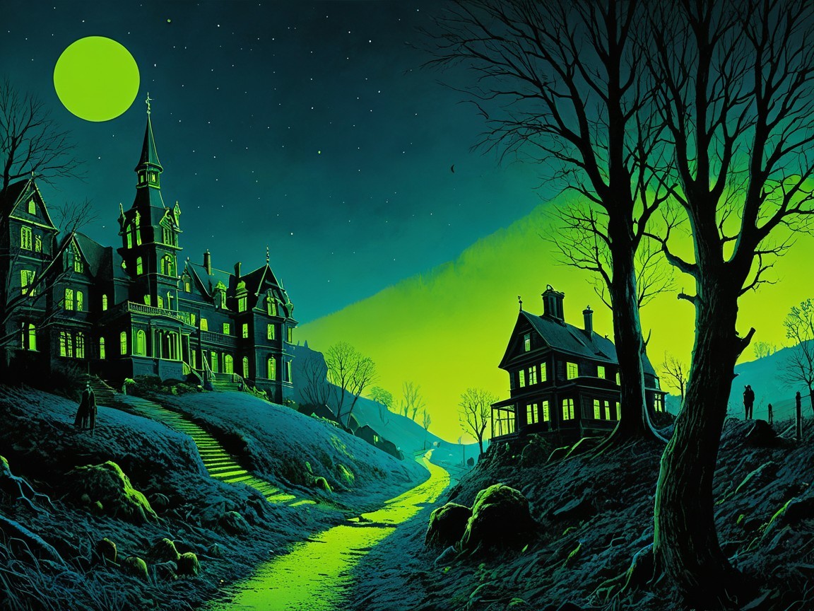 Eerie Night Landscape with Two Haunted Houses