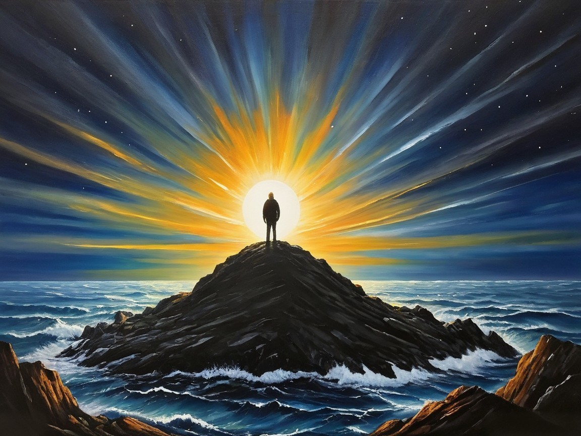 Solitary Figure on Rocky Peak at Vibrant Sunset