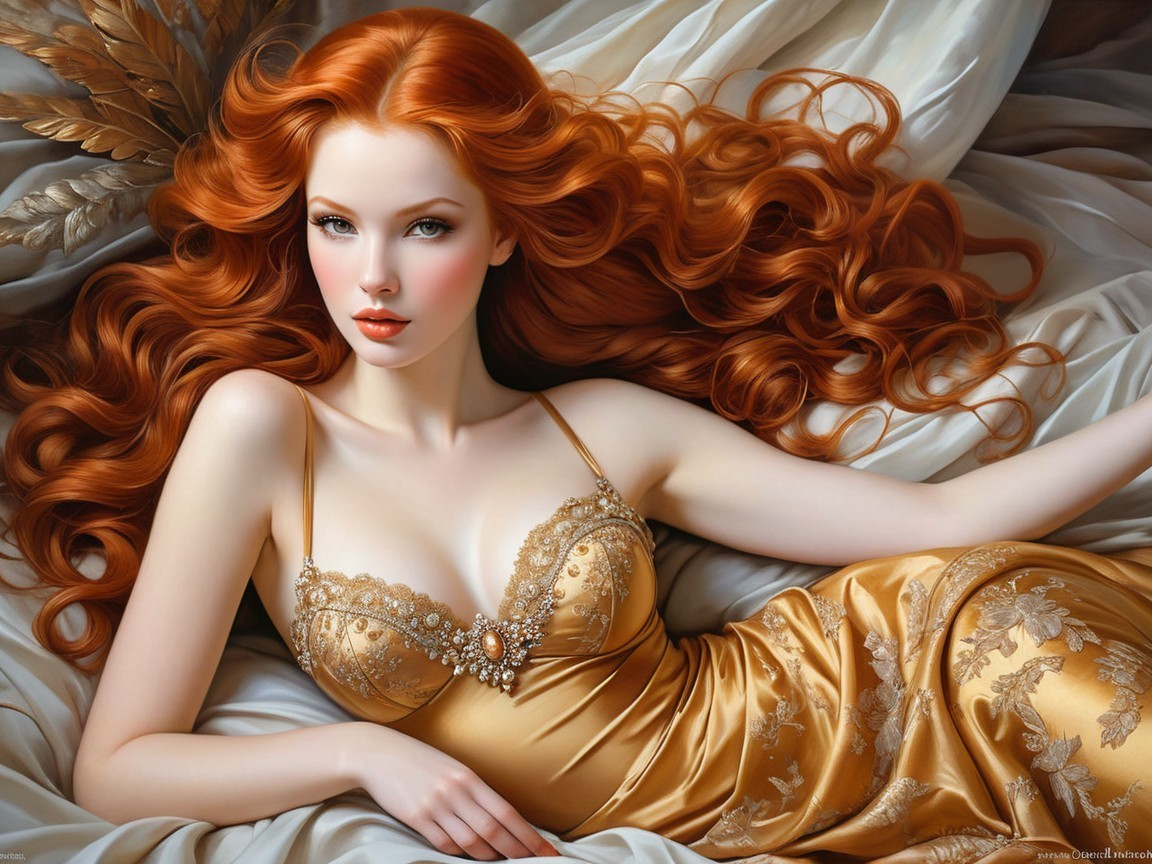 Portrait of a woman with red hair in a golden dress