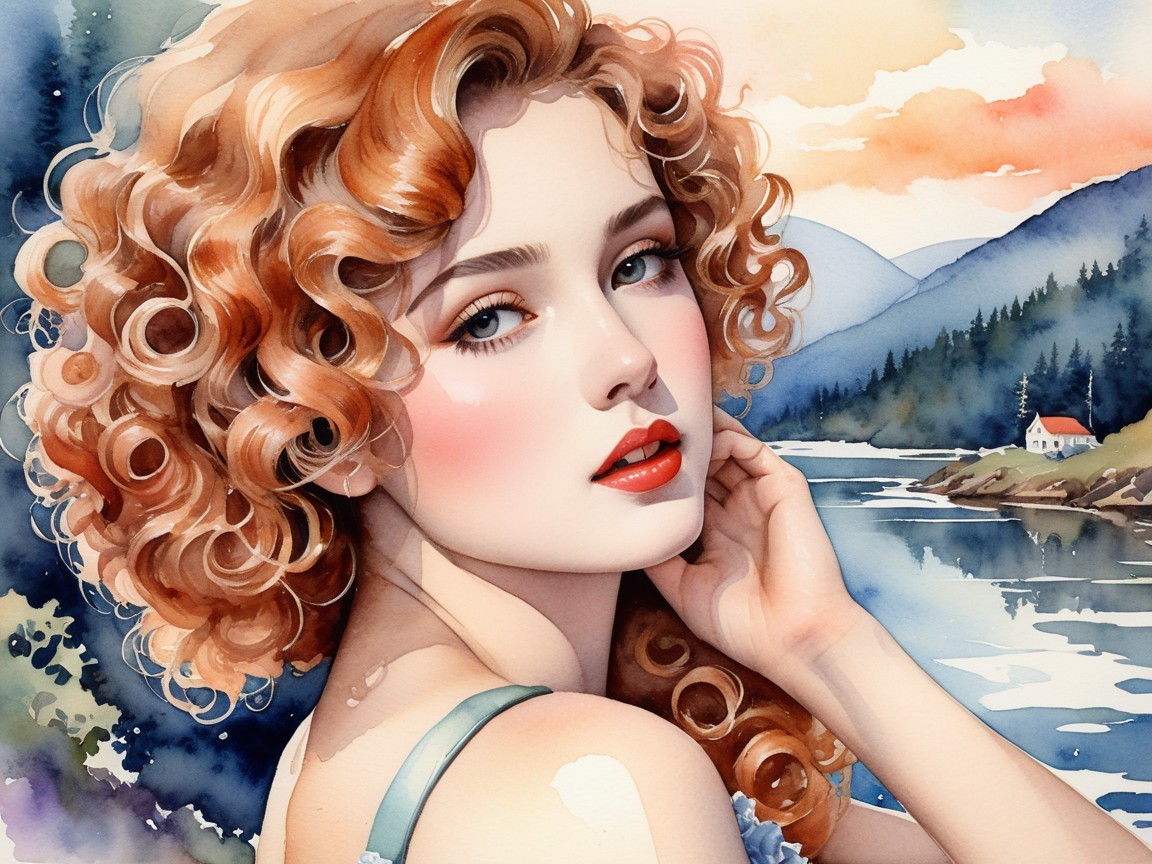 Young Woman with Curly Auburn Hair in Serene Landscape