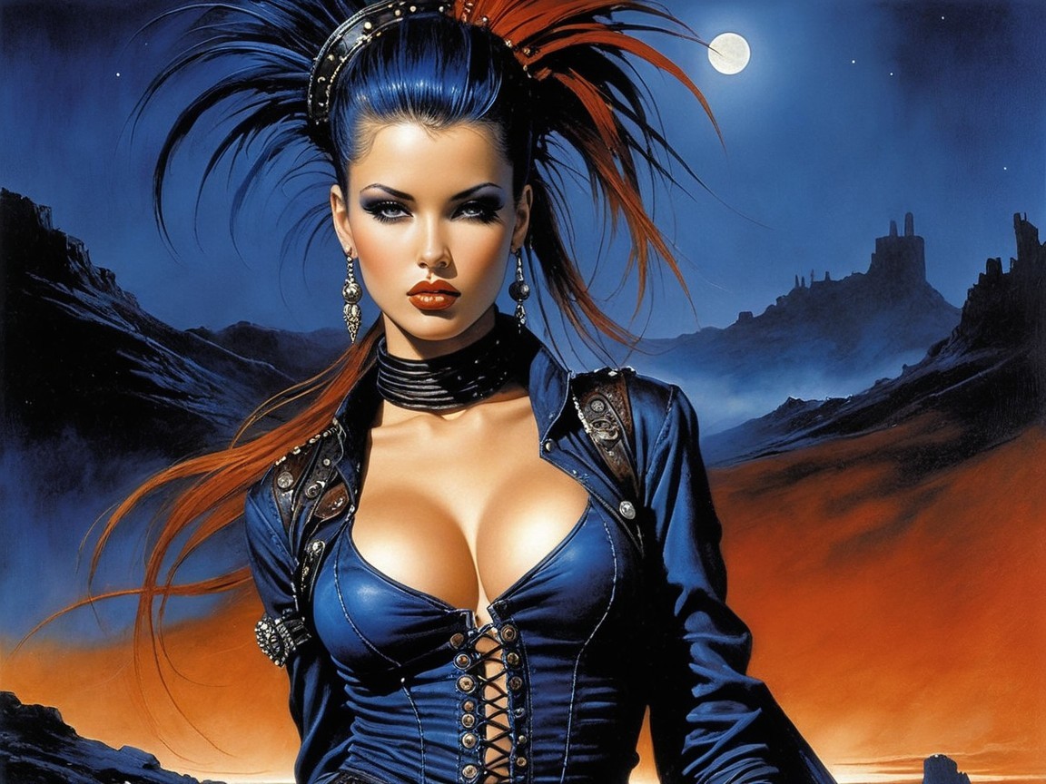 Confident Woman in Leather Corset Against Desert Moon