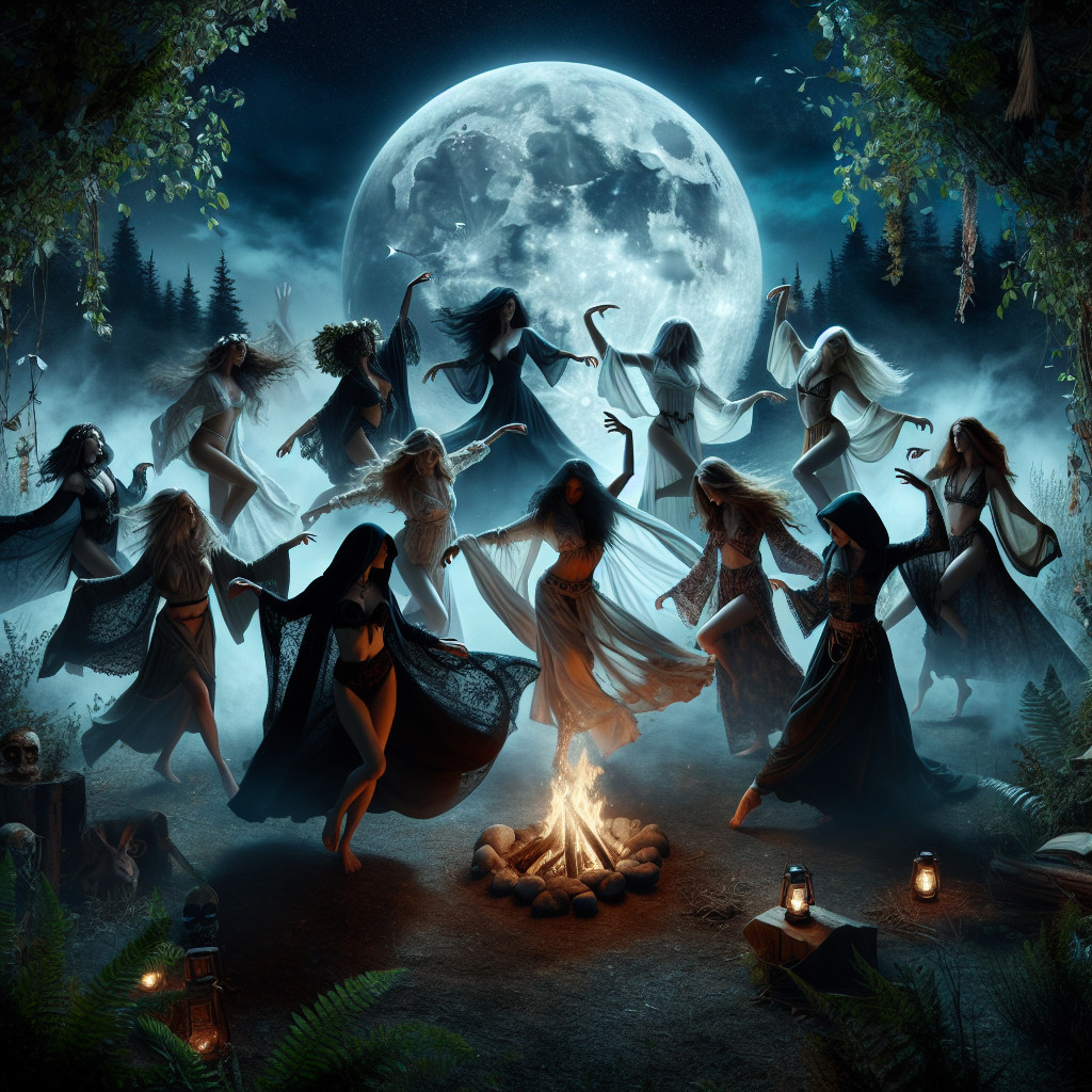 Mystical Dance Around Campfire Under Full Moon