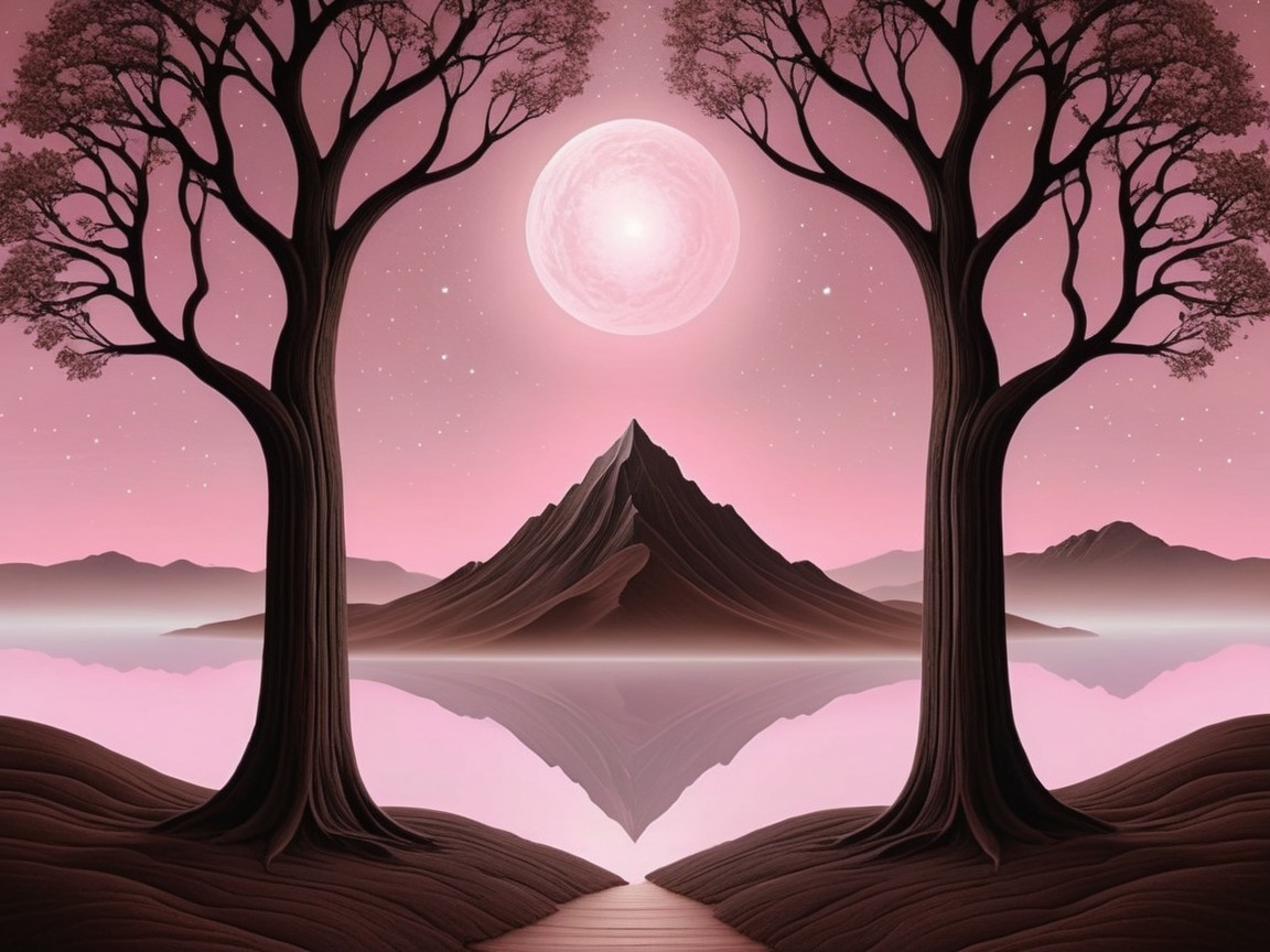 Serene landscape with silhouetted trees and moonlit lake