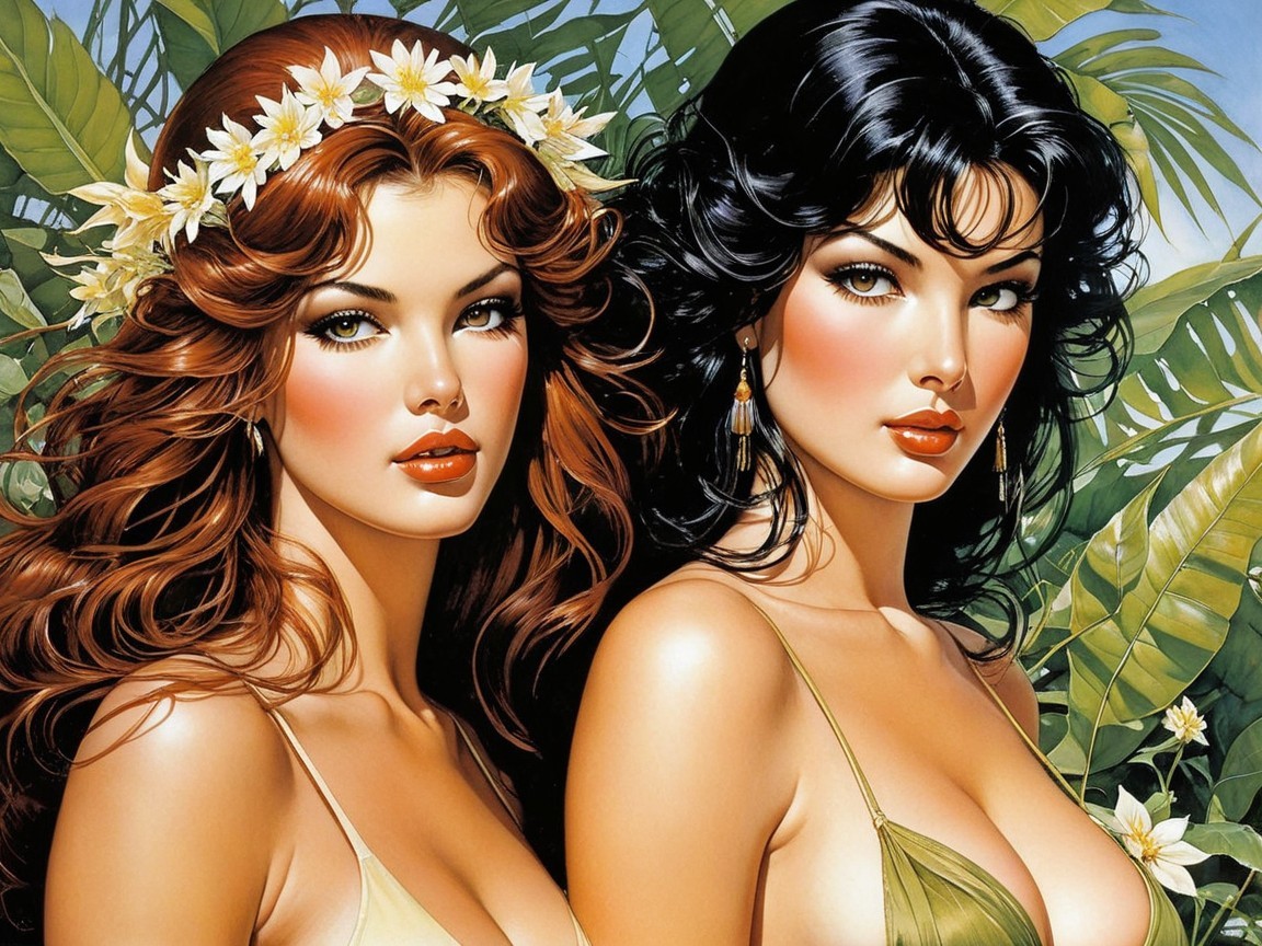Two women in bikinis among tropical greenery
