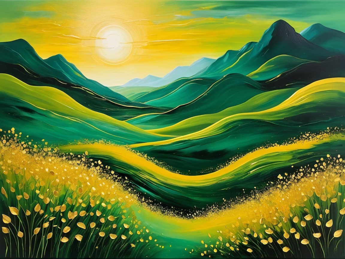 Vibrant Landscape with Green Hills and Yellow Flowers
