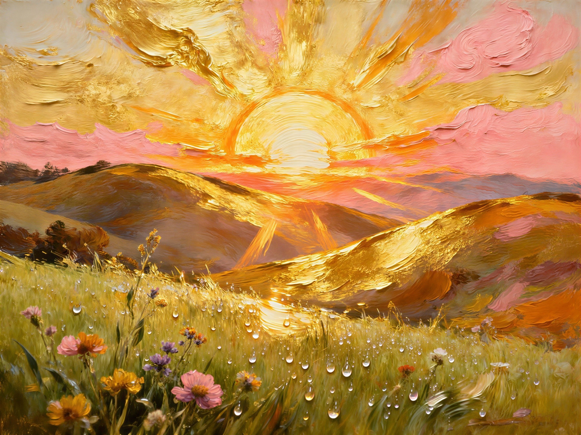 Vibrant Sunrise Over Rolling Hills and Wildflower Meadow