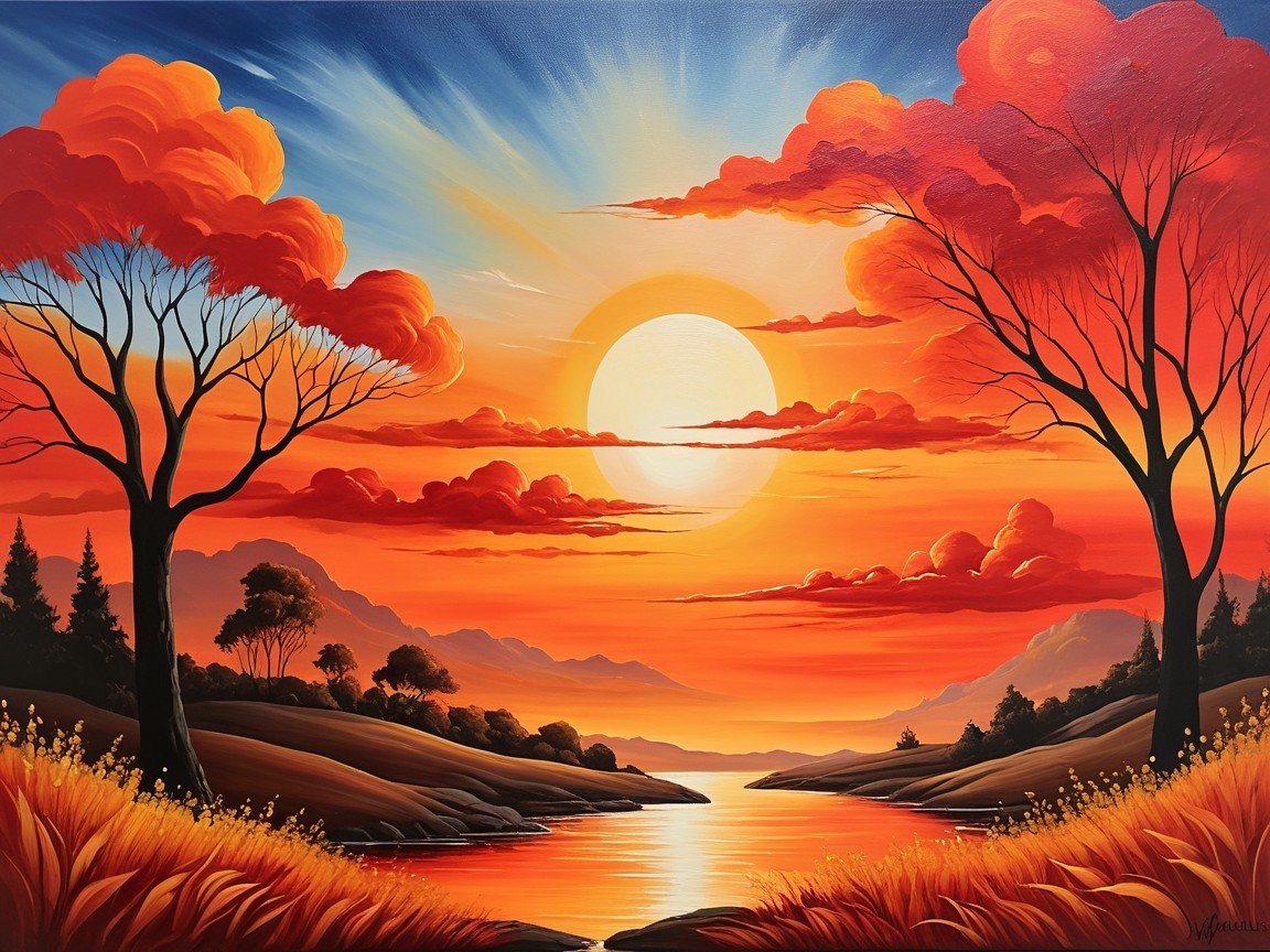 Vibrant Sunset Over Serene Landscape and River