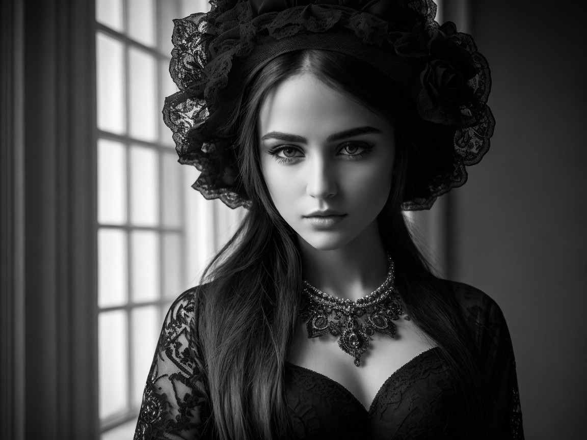 Portrait of a Young Woman in Black Lace Outfit