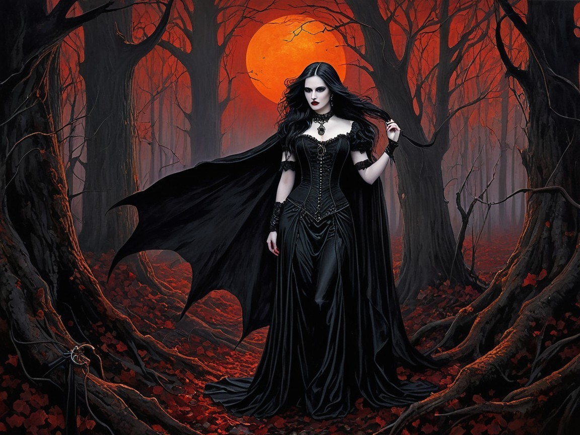 Mysterious Figure in Crimson Moonlit Forest