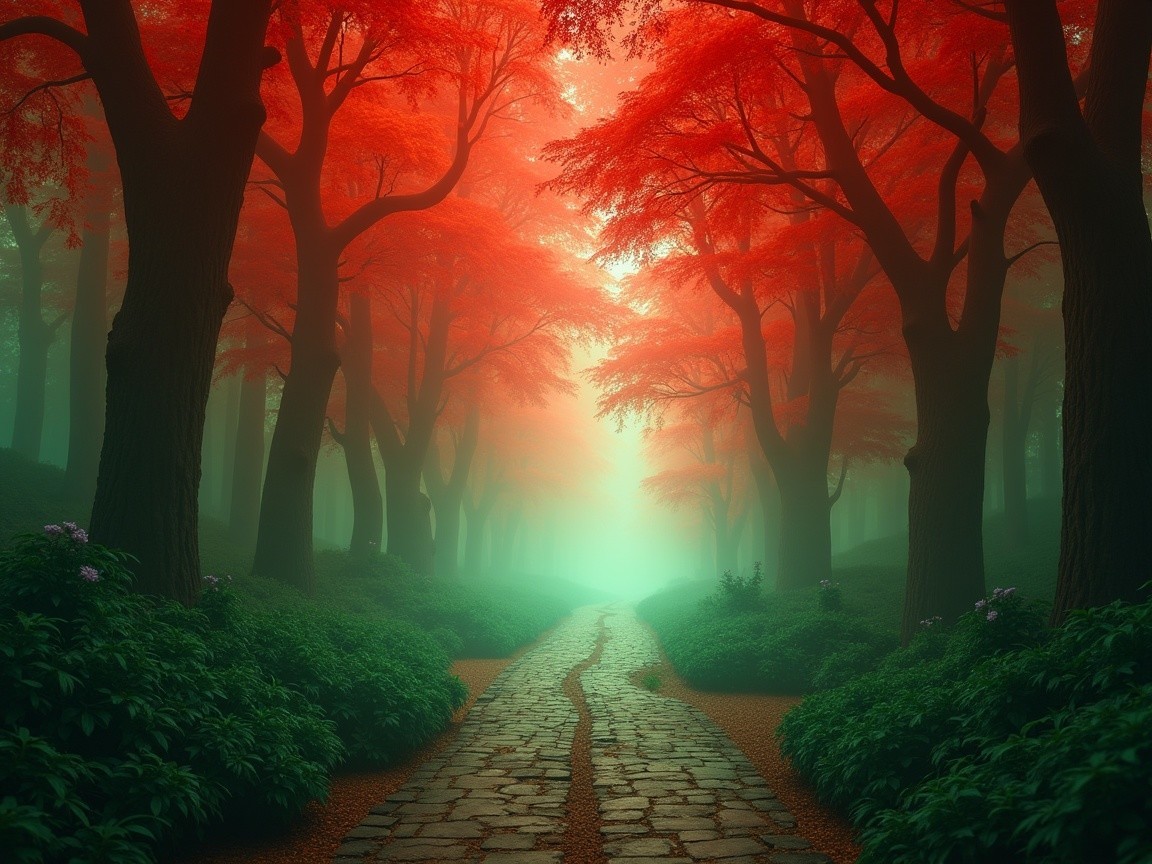 Misty Forest Pathway with Vibrant Red Leaves
