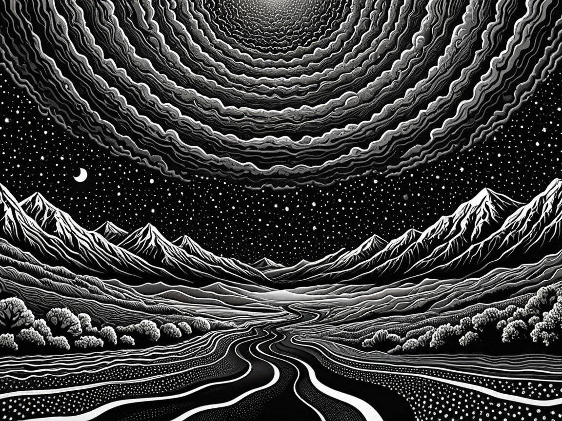 Black-and-white landscape illustration with mountains and sky