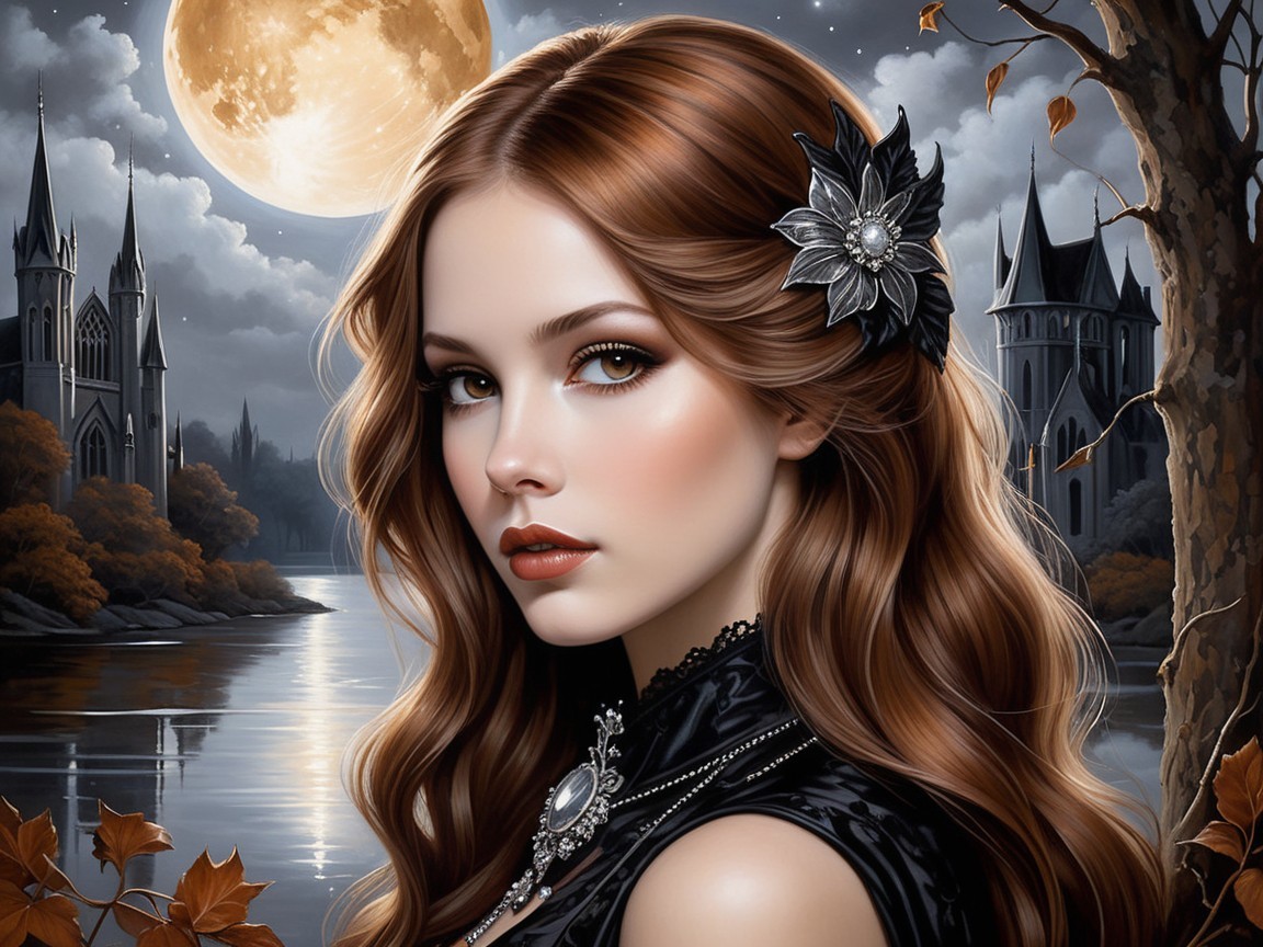 Thoughtful Woman in Elegant Outfit by Misty Lake