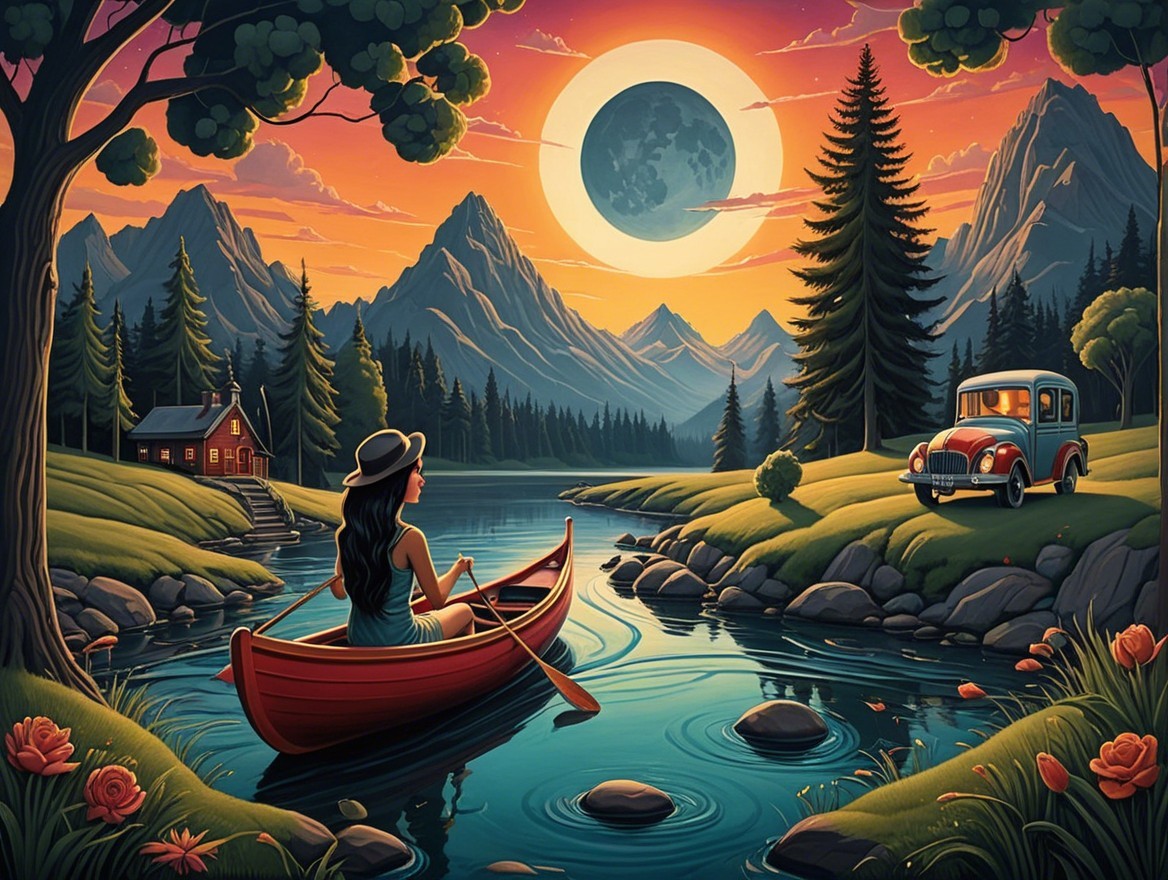 Serene Sunset Canoe Scene with Mountains and Cabin