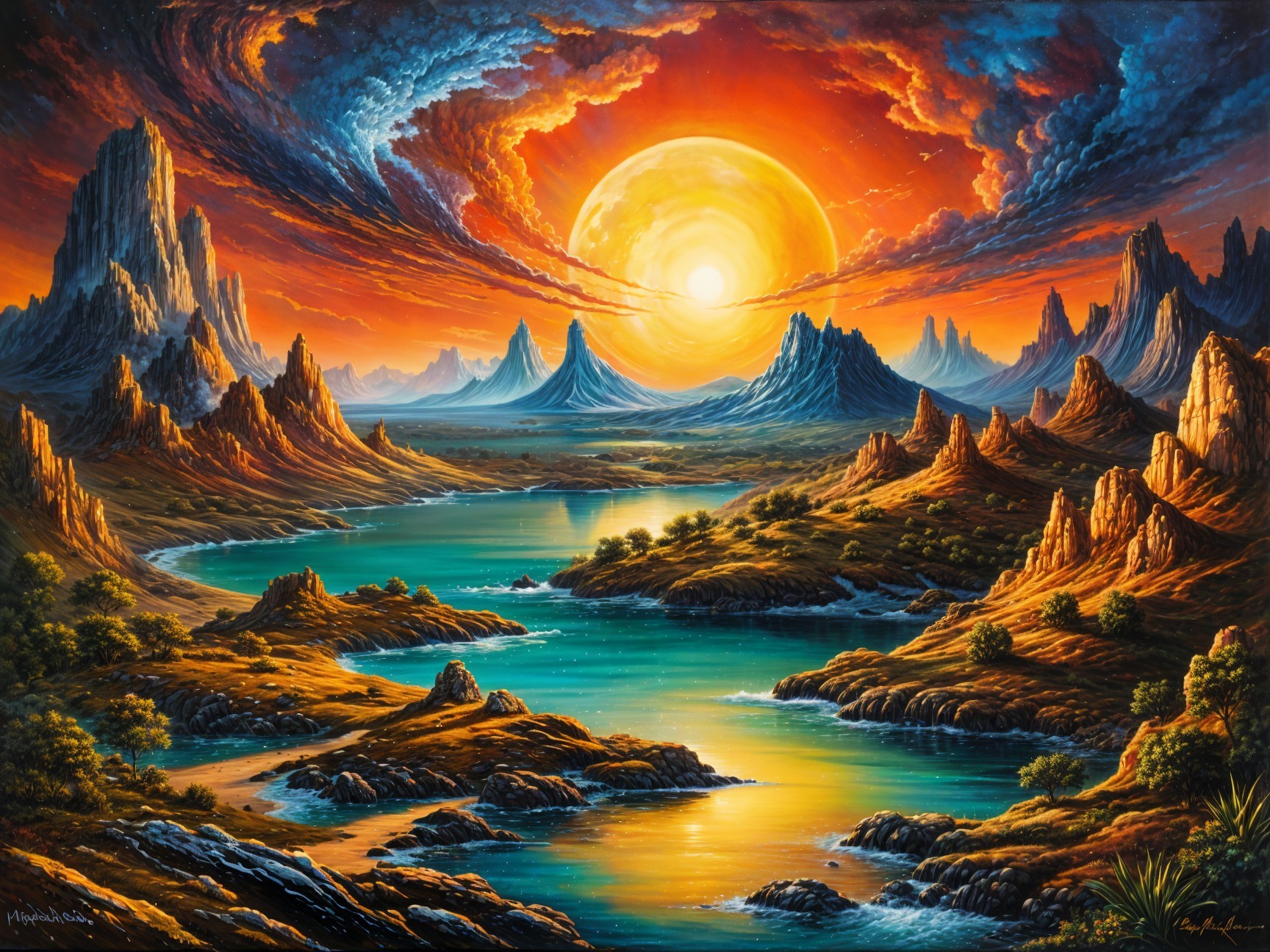 Fiery Sunset Over Mountains and Tranquil Lake