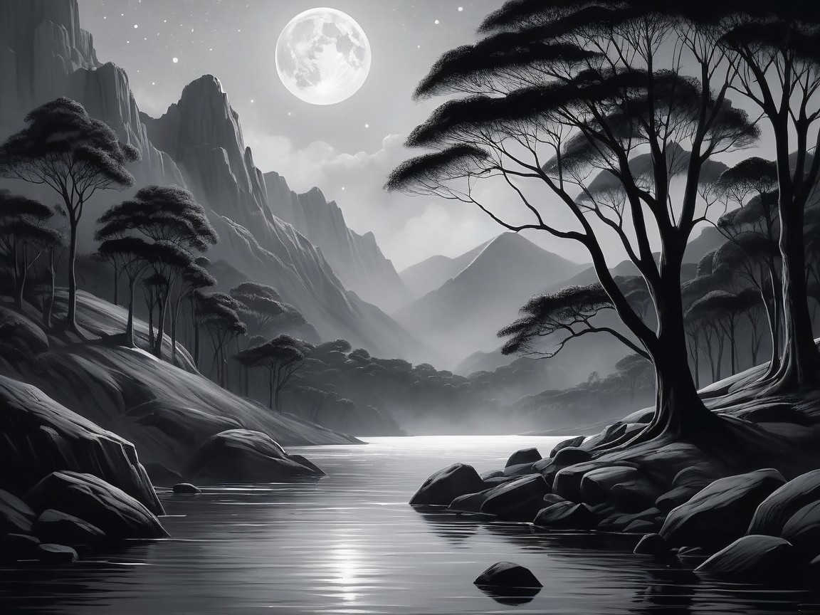 Black-and-white landscape with river and mountains