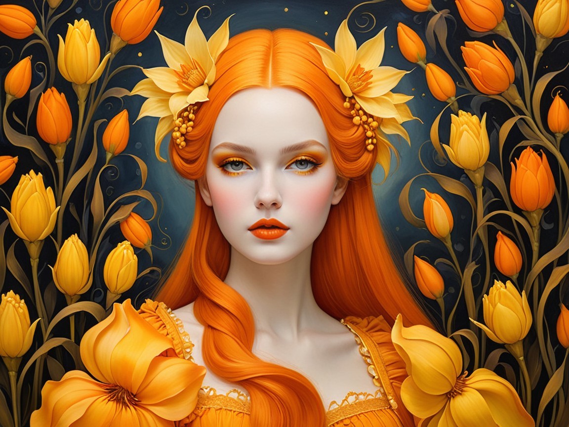 Portrait of a Woman with Orange Hair and Yellow Flowers