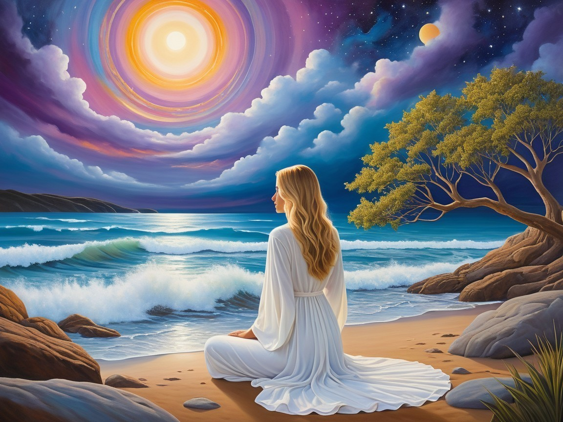 Serene beach scene with woman in white dress and ocean