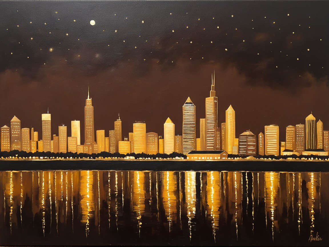 City Skyline at Twilight with Moon and Stars