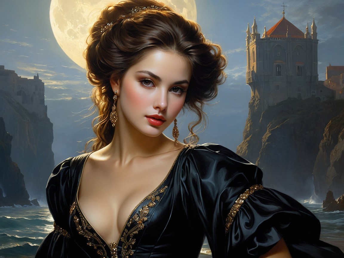 Elegant woman in dark gown by moonlit castle