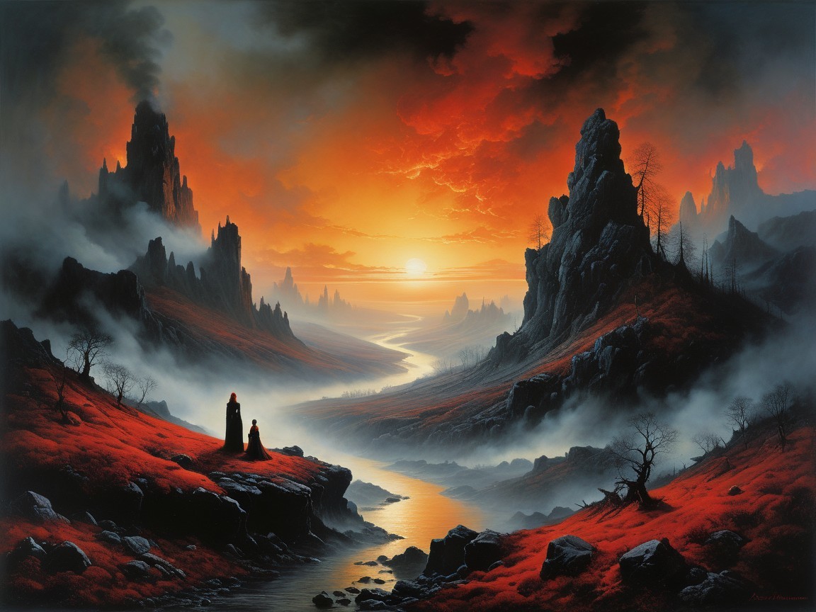 Jagged Mountains and River at Sunset with Silhouettes