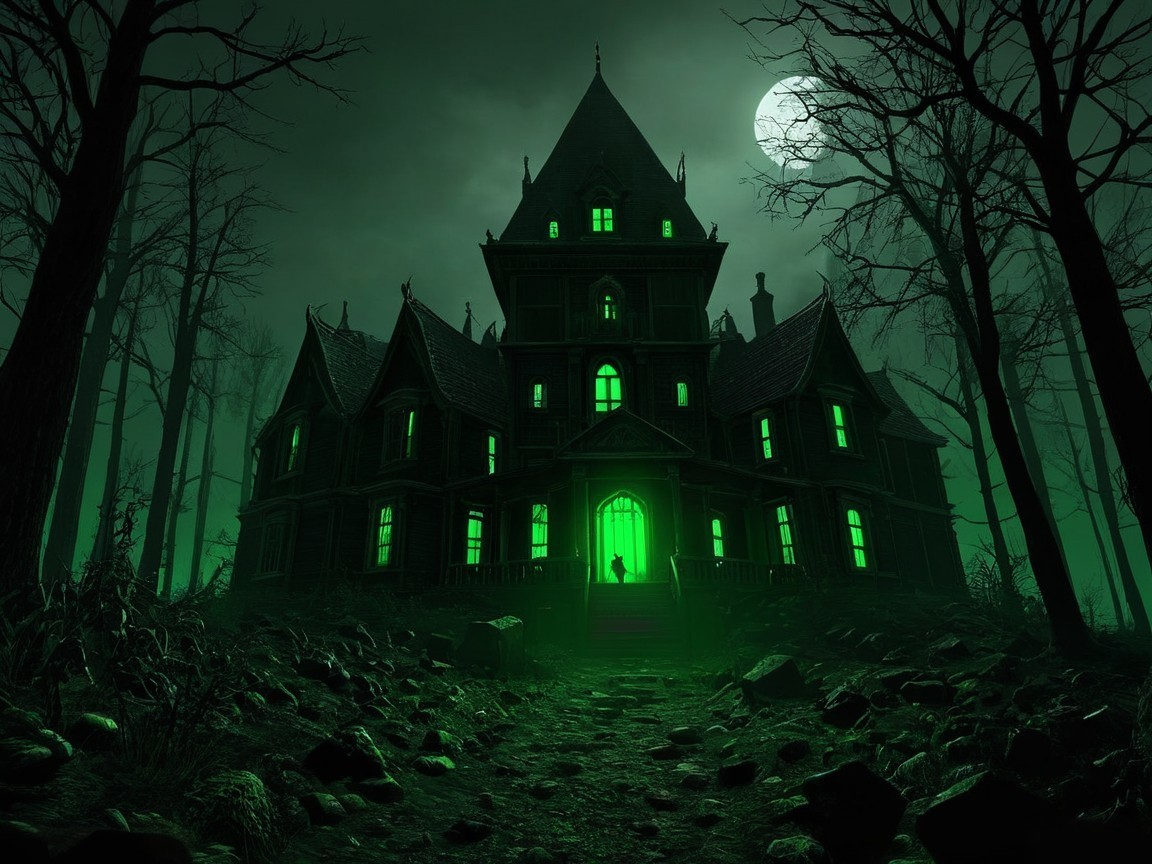 Eerie Mansion Under Full Moon with Green Light Glow